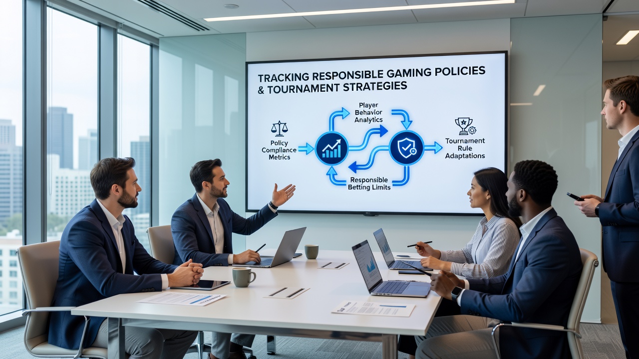 Players reviewing tournament strategies with responsible gaming dashboards visible on screens